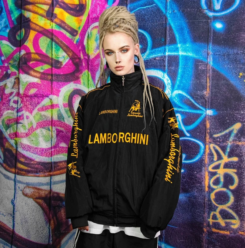Lamborghini Rennteam Jacke – Schwarzer Motorsport Reißverschluss mit gold bestickten Logos