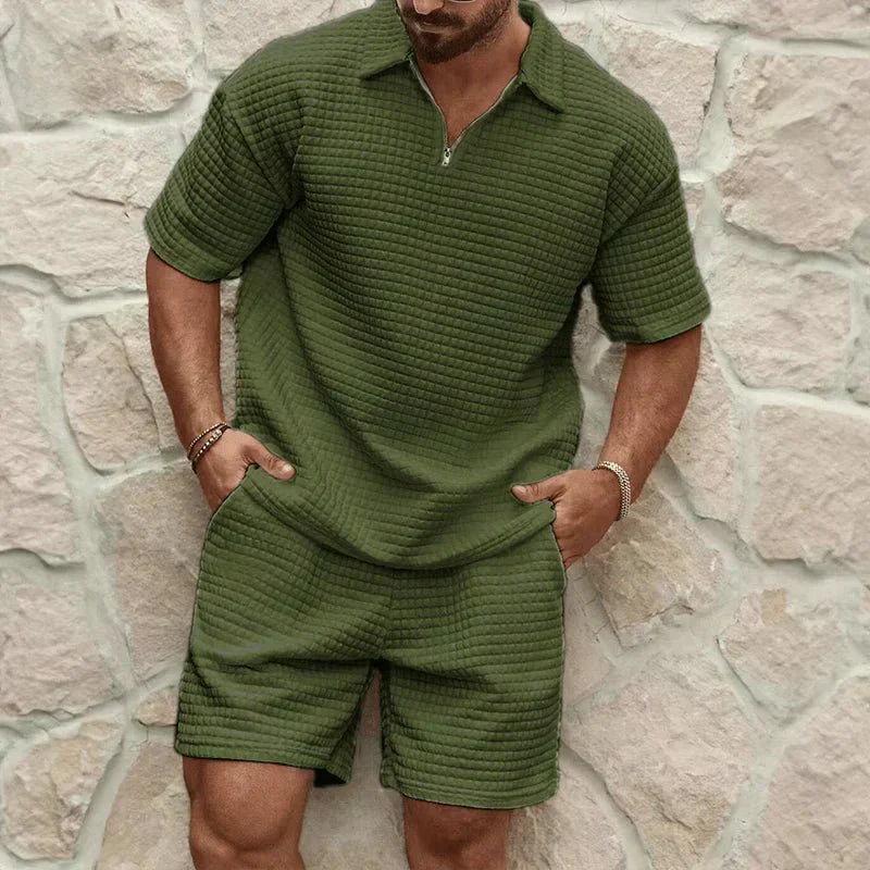 Men's Co-Ord Set — Zip Polo Drawstring Relaxed Fit Shorts