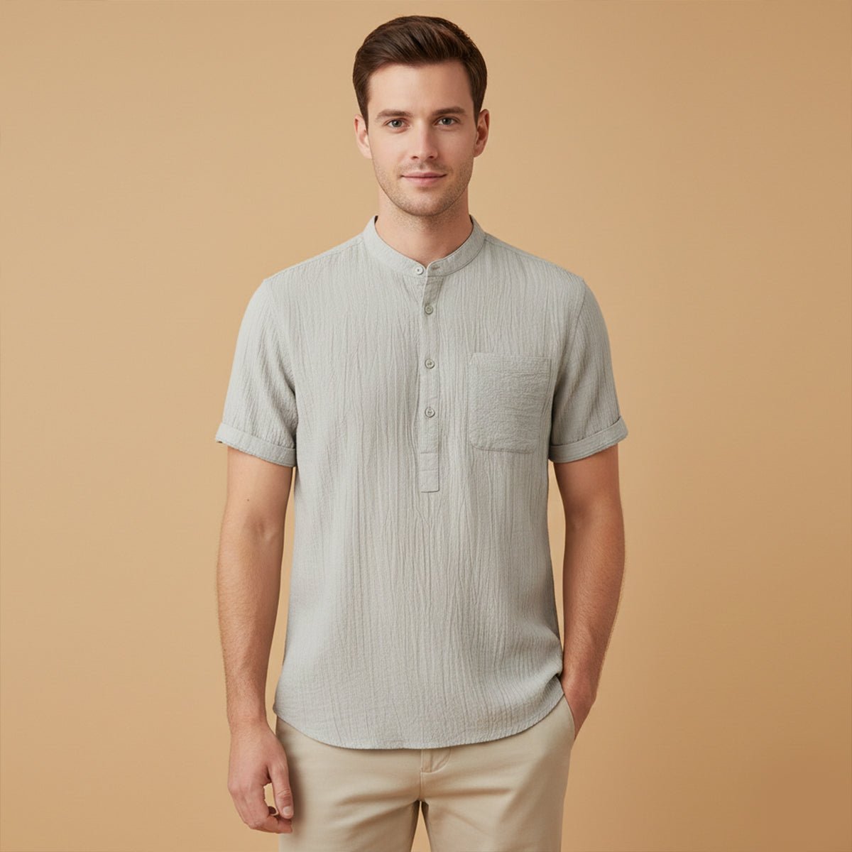 Leinenhemd Herren - Kurzarm Henley-Ausschnitt Pullover-Stil