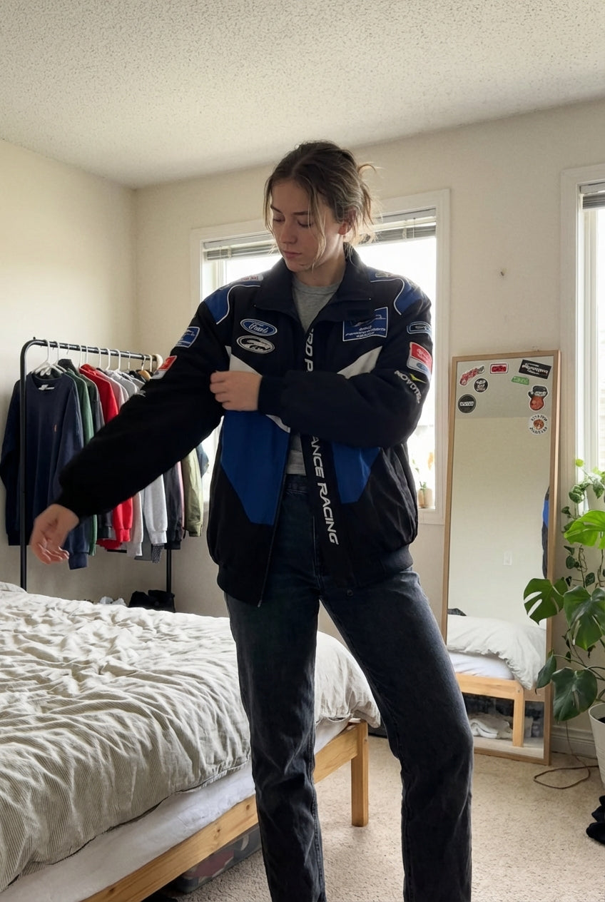 Ford Performance Racing bestickte Rennjacke Schwarz/Blau | Reißverschluss vorne Motorsport Team Oberbekleidung
