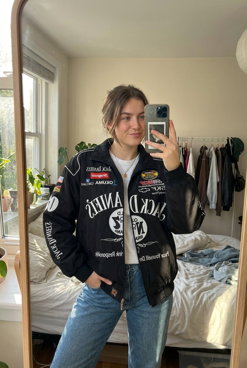 Jack Daniel's Old No. 7 Rennjacke Schwarz | Voller Reißverschluss NASCAR Sponsorlogos