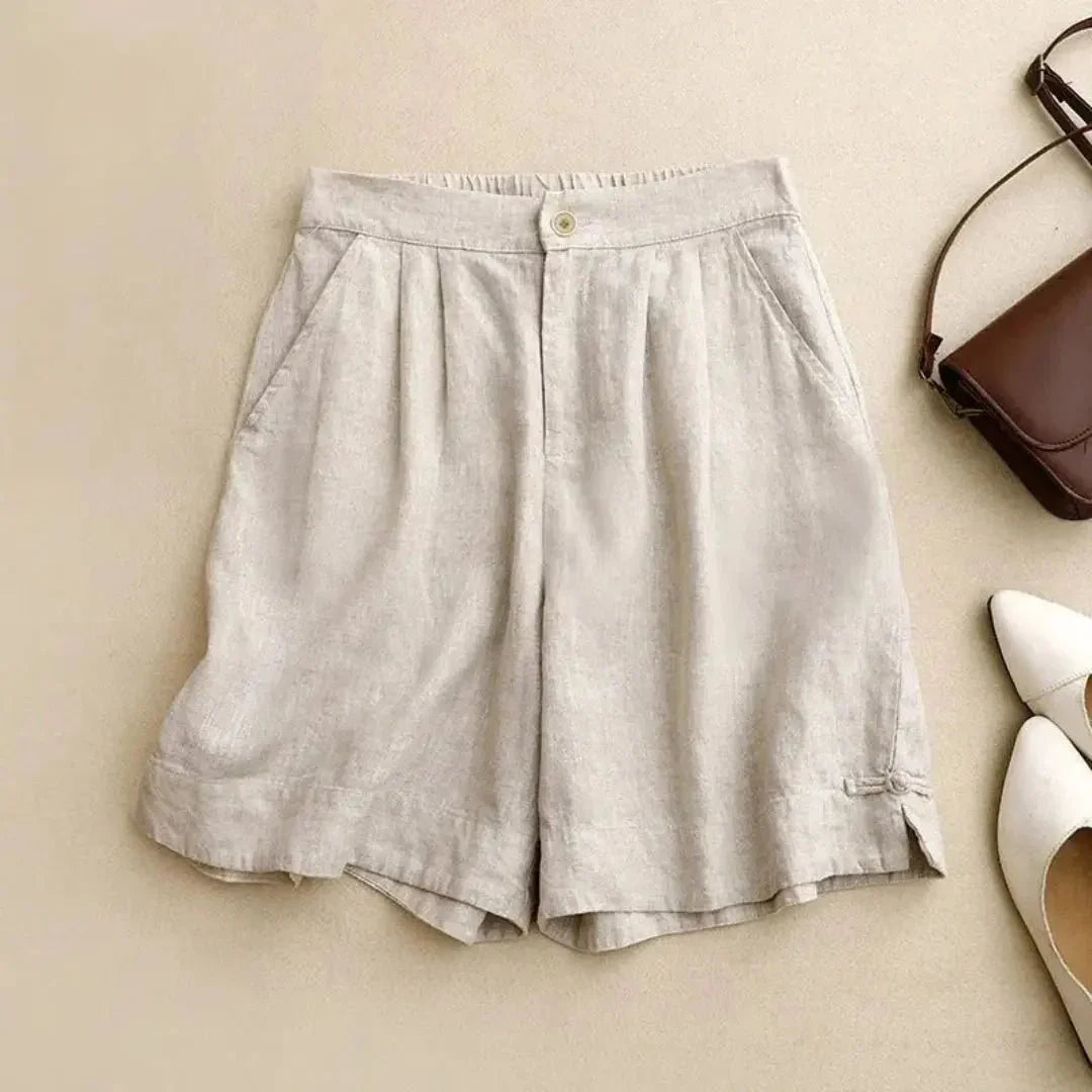 Leinen-Shorts Damen, hohe Taille, lockere Passform, Knopfverschluss