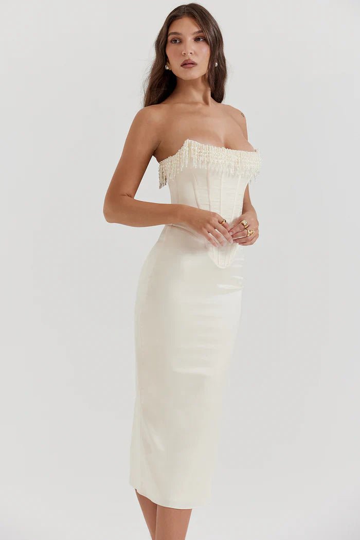 Vestido Maxi Feminino — Decote Tomara-que-caia Design de Corpete Corset