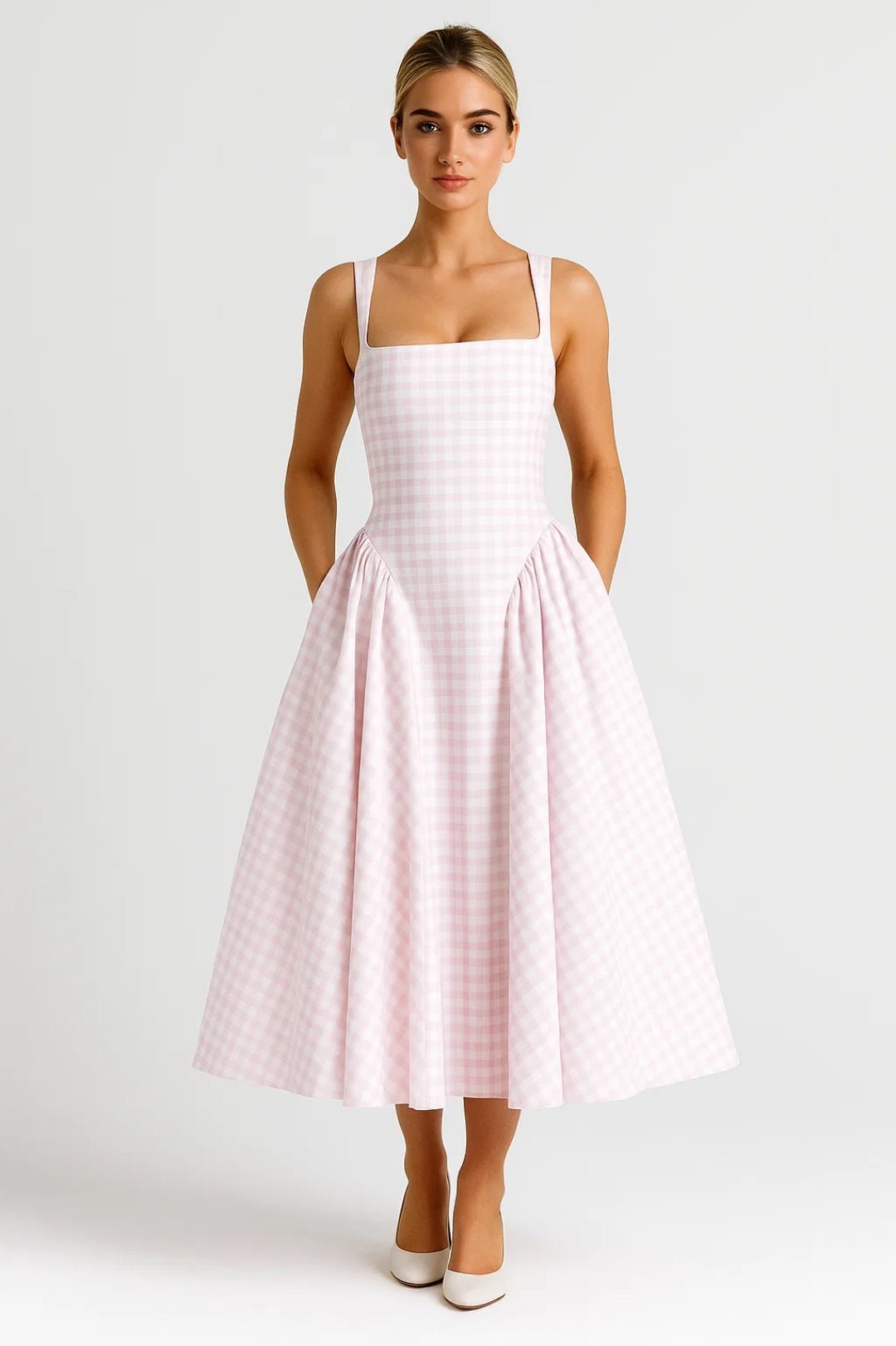 Damen-Midikleid — Kariertes Muster, Spaghettiträger, ausgestellter Rock
