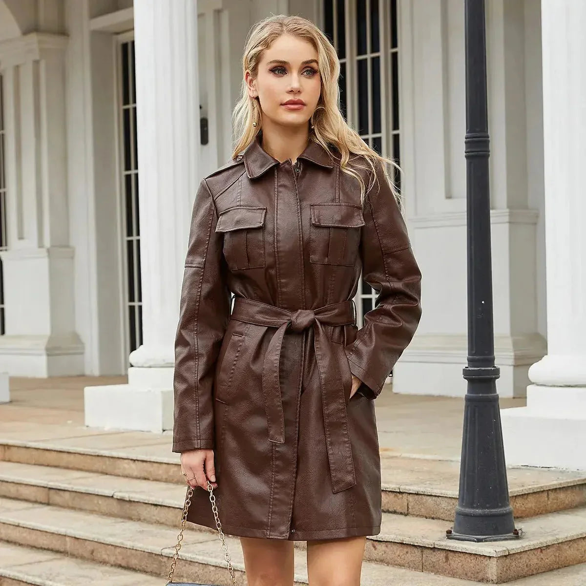Hemdblusenkleid Damen — Lange Ärmel, Taillengürtel, Knopfverschluss