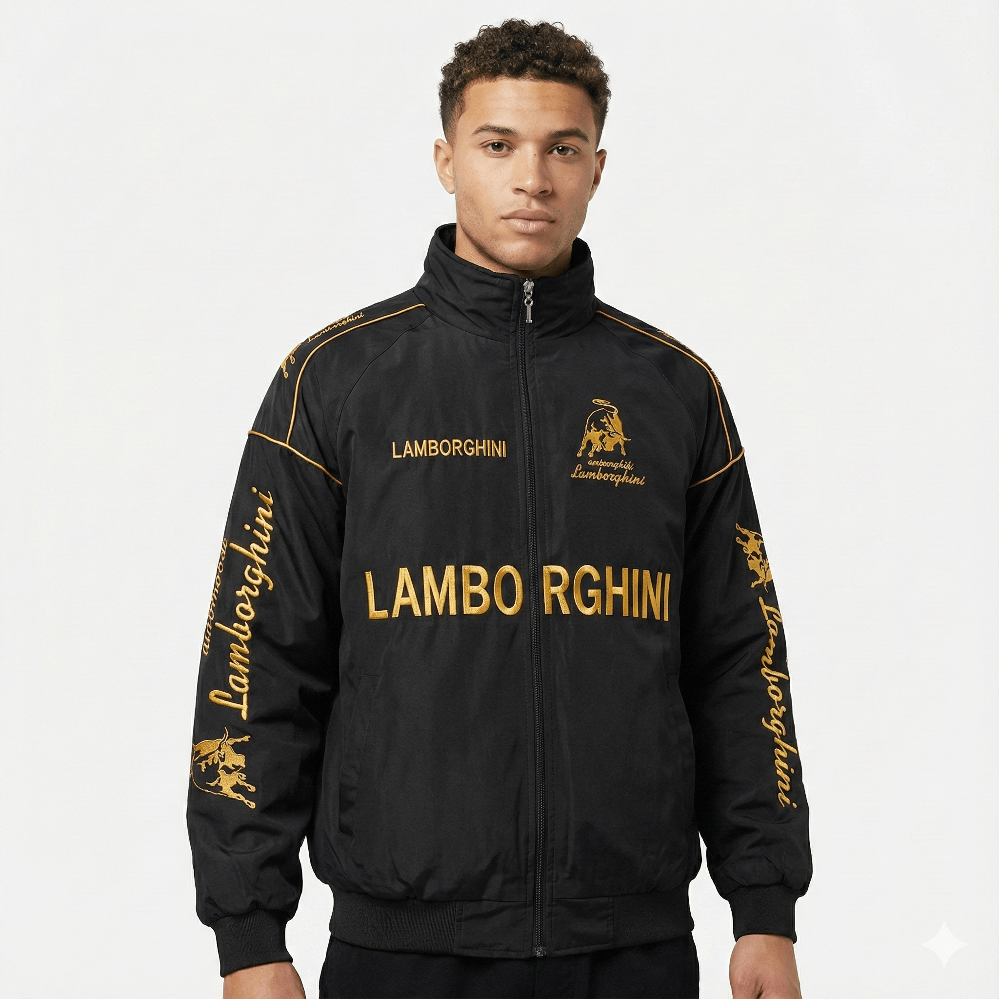Casaco Equipa de Corrida Lamborghini – Casaco com fecho preto Motorsport com logótipos bordados a dourado