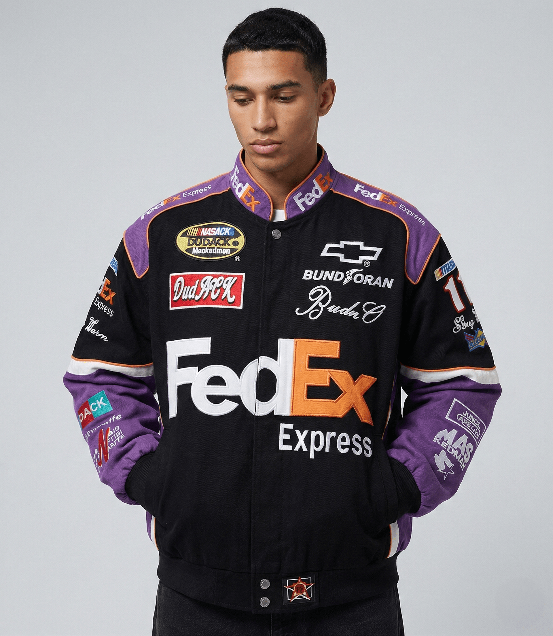 FedEx Nascar Rennjacke – Bestickter Schwarz/Lila Motorsport Mantel