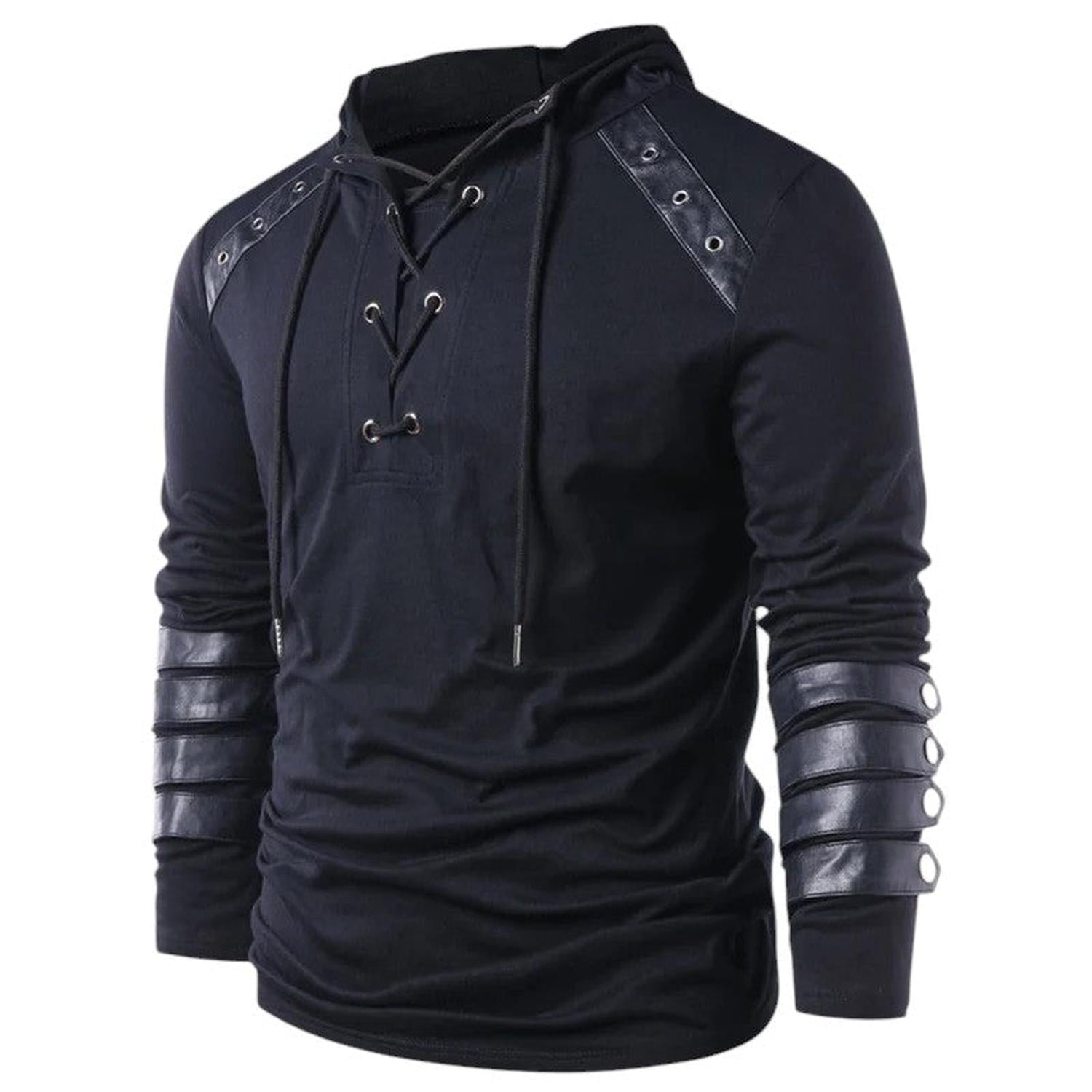 Sweat à Capuche Homme Lacets Col V Panneaux Similicuir Manches Longues Tenue Décontractée