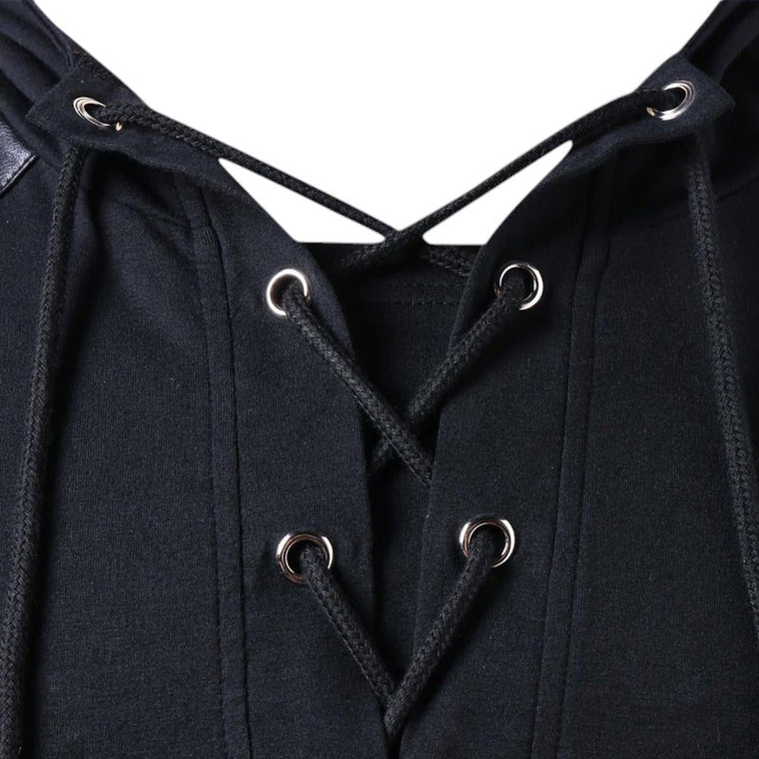 Sweat à Capuche Homme Lacets Col V Panneaux Similicuir Manches Longues Tenue Décontractée