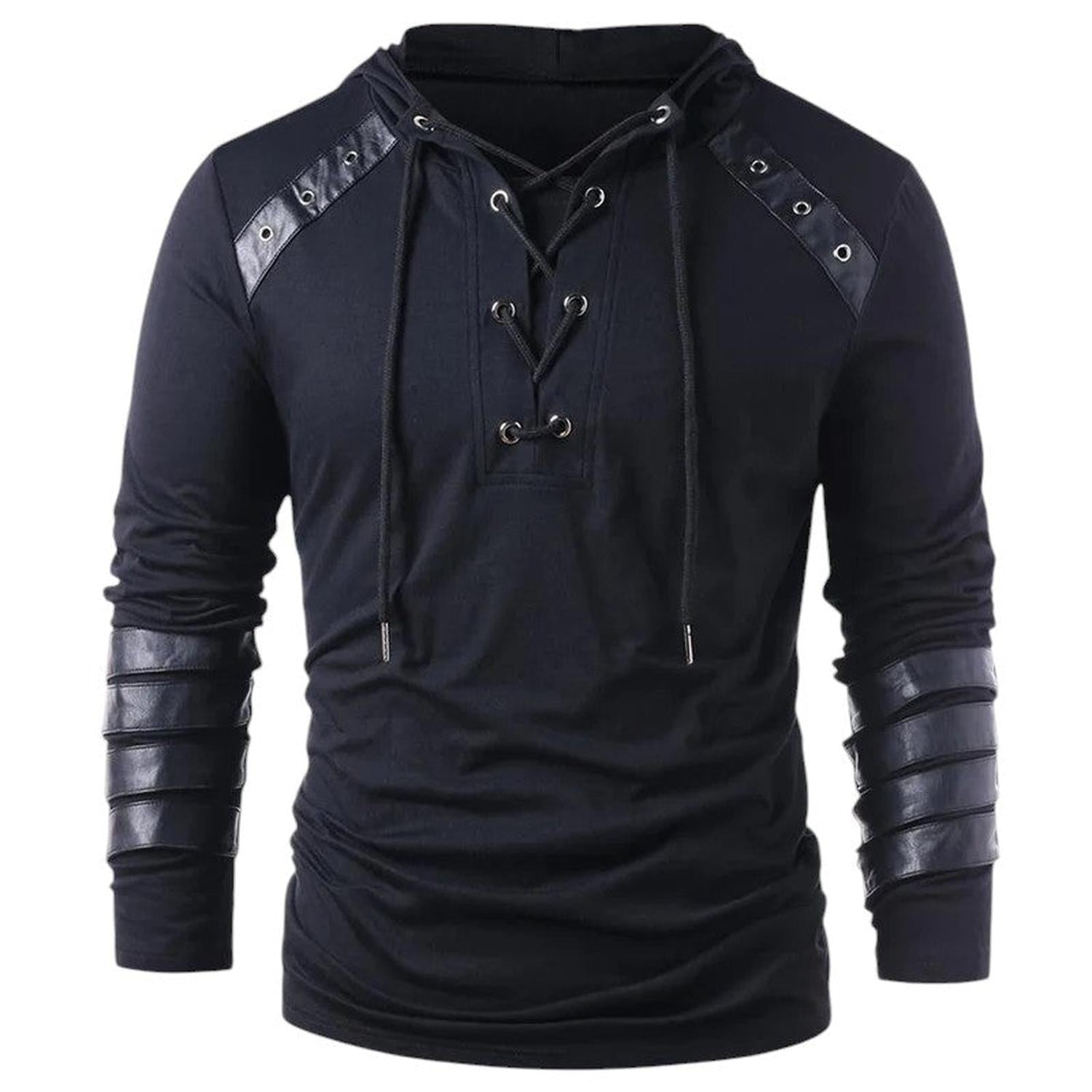 Sweat à Capuche Homme Lacets Col V Panneaux Similicuir Manches Longues Tenue Décontractée