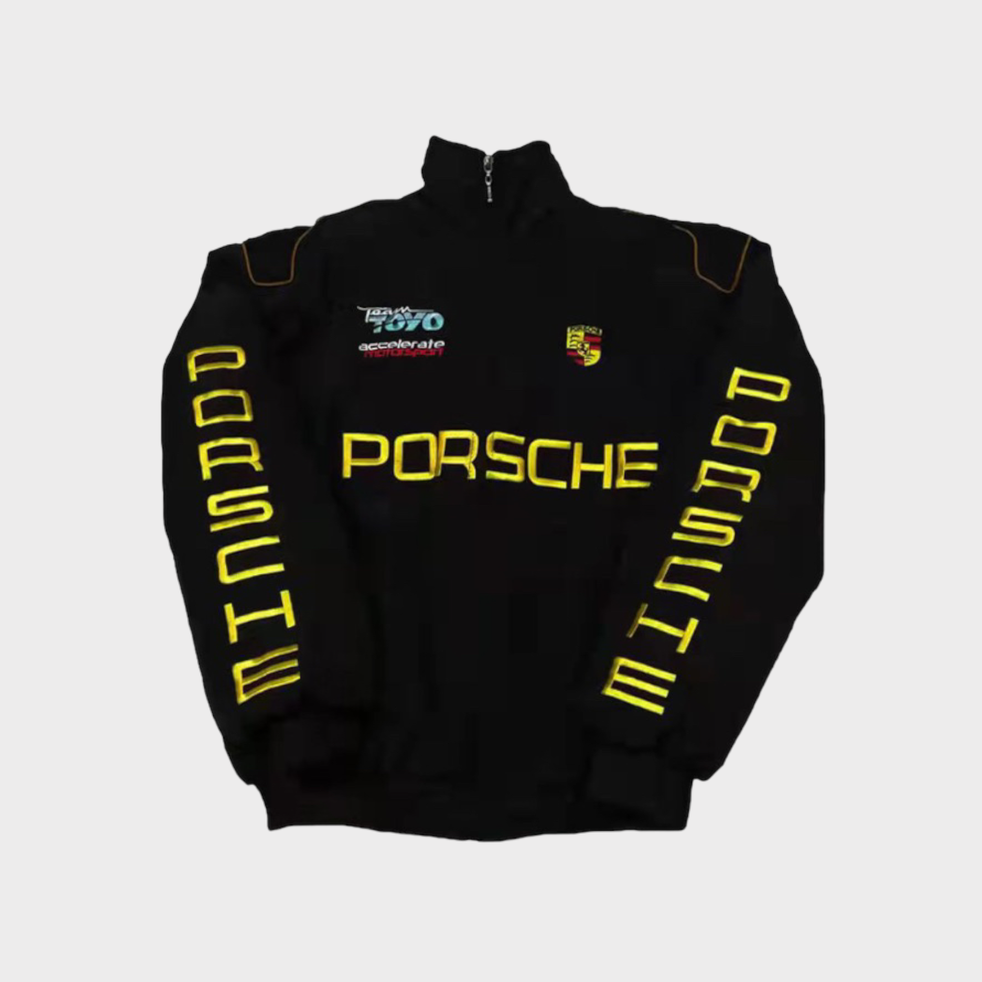 Casaco Equipa de Corrida Porsche – Casaco com fecho preto Motorsport com logótipos bordados a amarelo