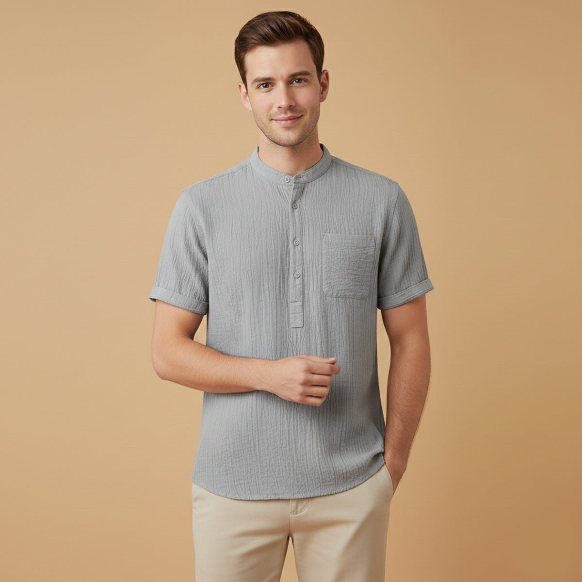 Camisa de Linho Homem - Manga Curta Gola Henley Estilo Pulôver