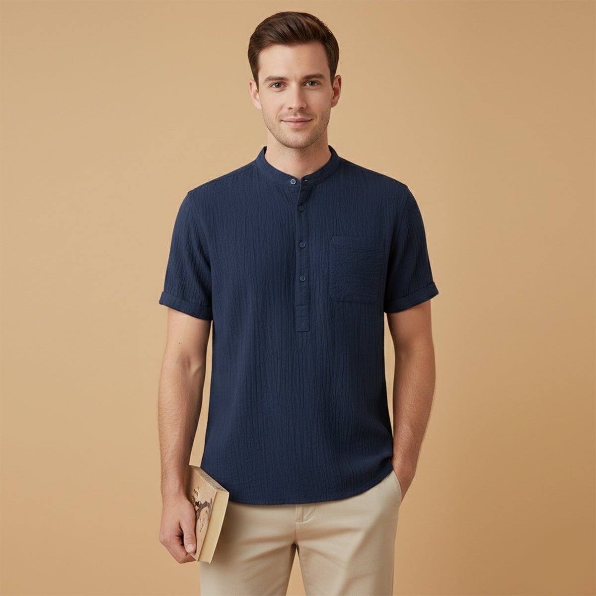 Camisa de Linho Homem - Manga Curta Gola Henley Estilo Pulôver
