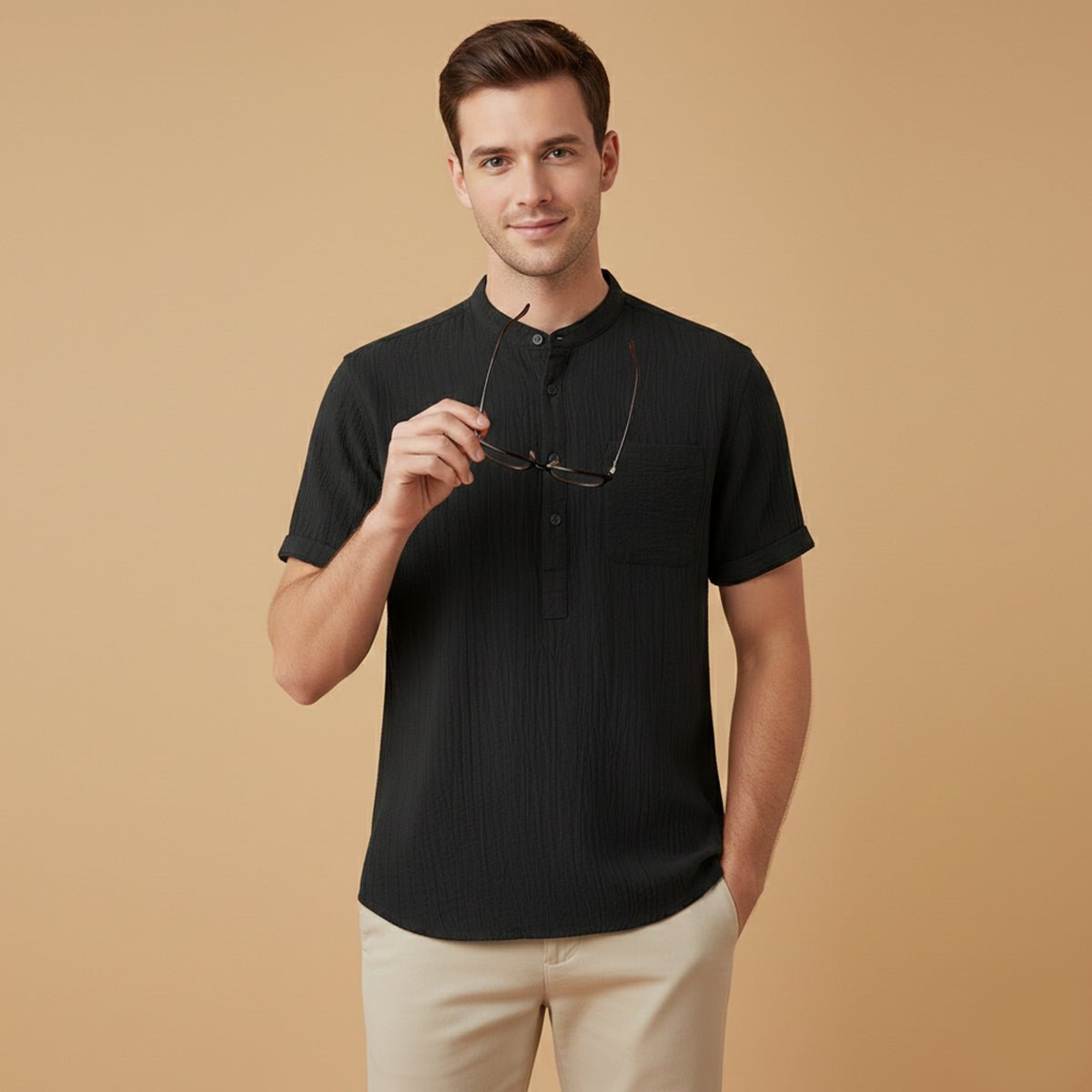 Camisa de Linho Homem - Manga Curta Gola Henley Estilo Pulôver