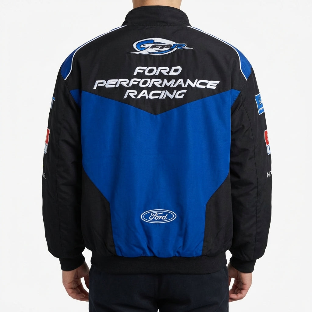 Ford Performance Racing Geborduurde Racing Jas Zwart/Blauw | Rits Voorzijde Motorsport Team Buitenjas