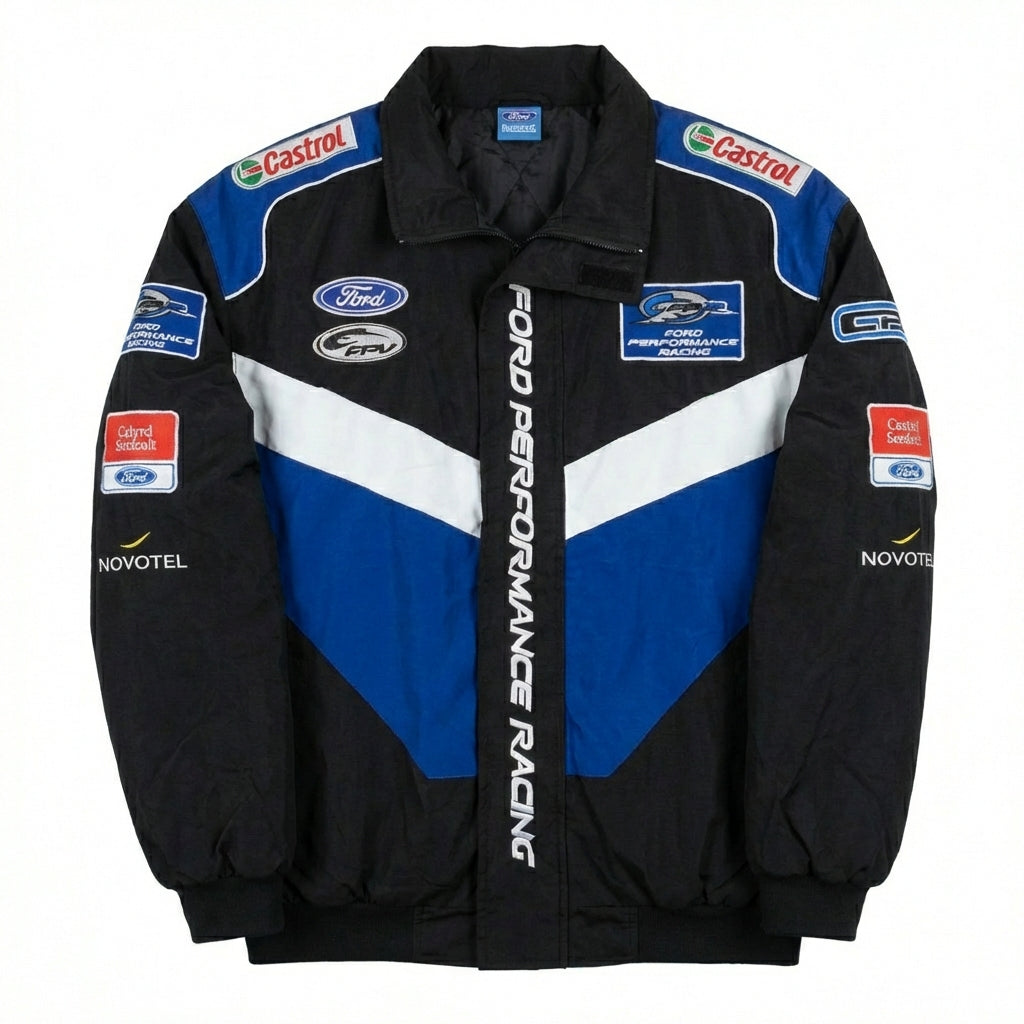 Ford Performance Racing Geborduurde Racing Jas Zwart/Blauw | Rits Voorzijde Motorsport Team Buitenjas