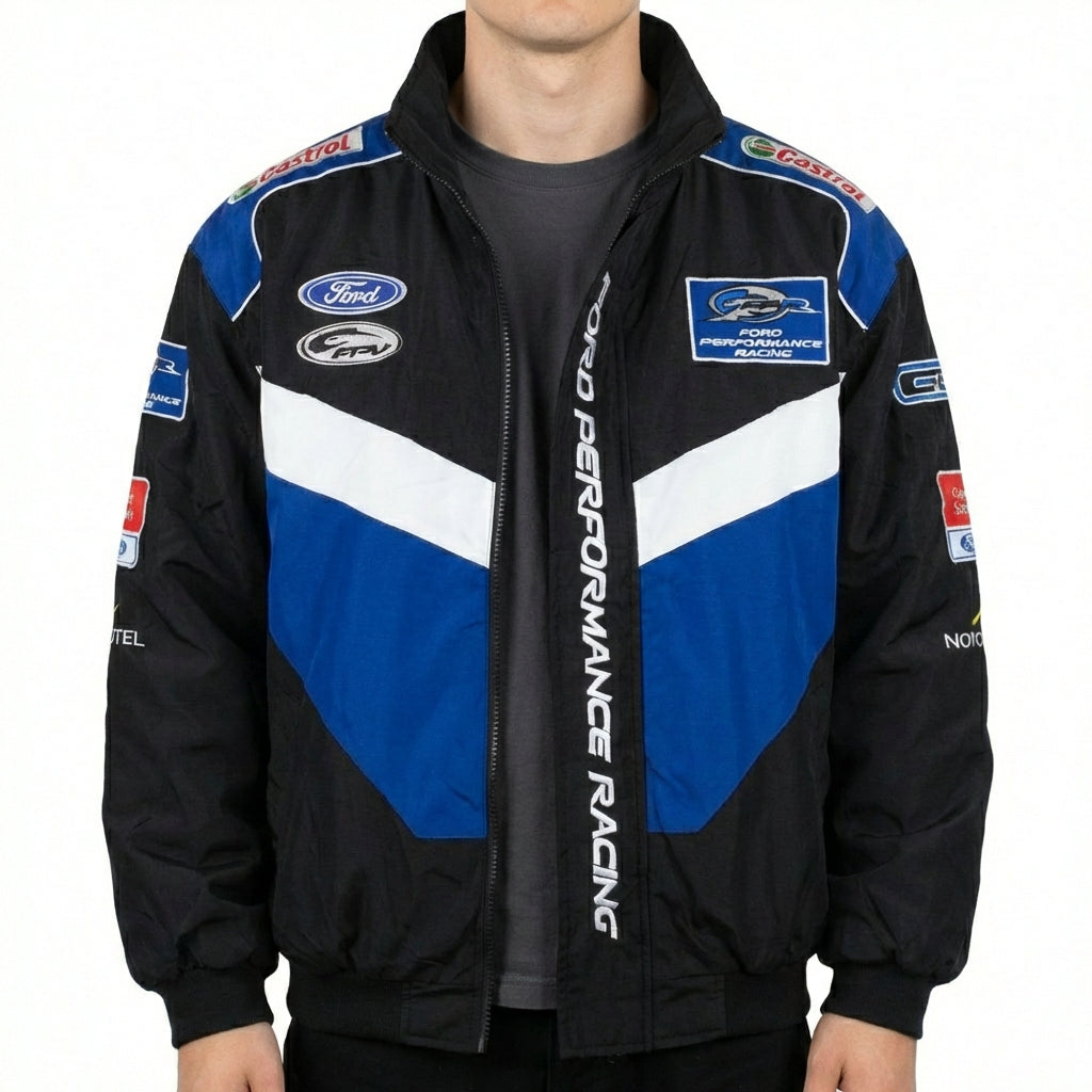 Ford Performance Racing Geborduurde Racing Jas Zwart/Blauw | Rits Voorzijde Motorsport Team Buitenjas