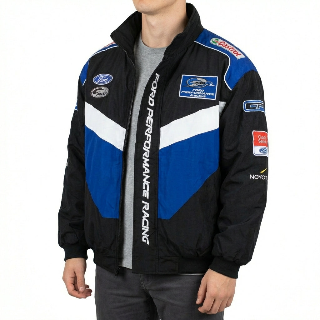 Ford Performance Racing Geborduurde Racing Jas Zwart/Blauw | Rits Voorzijde Motorsport Team Buitenjas