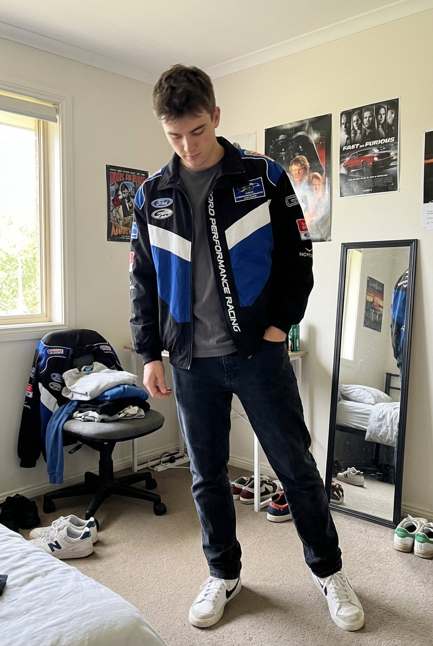 Ford Performance Racing Geborduurde Racing Jas Zwart/Blauw | Rits Voorzijde Motorsport Team Buitenjas