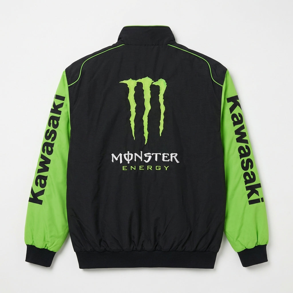 Chaqueta de Carreras Kawasaki Monster Energy con cremallera Negra/Verde | Bomber con logo del equipo Motocross