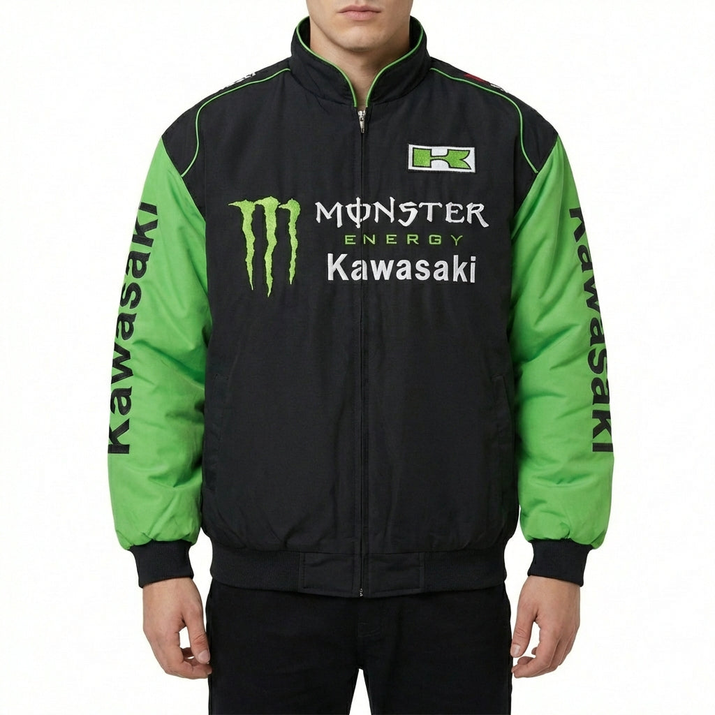 Chaqueta de Carreras Kawasaki Monster Energy con cremallera Negra/Verde | Bomber con logo del equipo Motocross