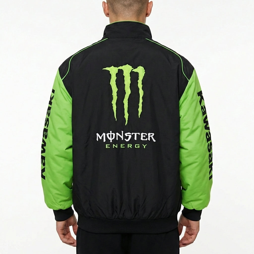 Chaqueta de Carreras Kawasaki Monster Energy con cremallera Negra/Verde | Bomber con logo del equipo Motocross
