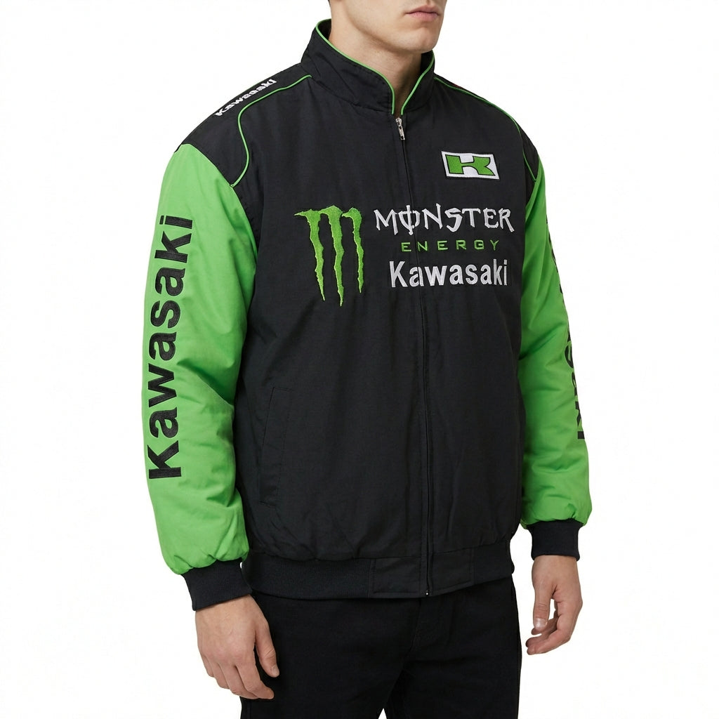 Chaqueta de Carreras Kawasaki Monster Energy con cremallera Negra/Verde | Bomber con logo del equipo Motocross