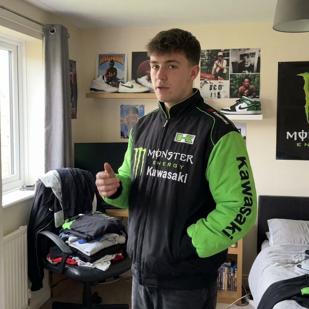 Chaqueta de Carreras Kawasaki Monster Energy con cremallera Negra/Verde | Bomber con logo del equipo Motocross