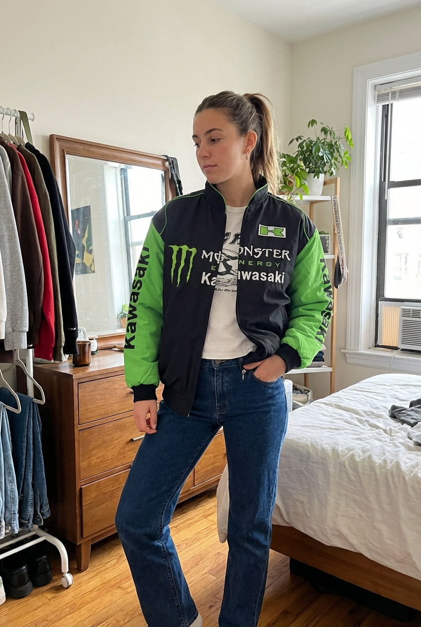 Chaqueta de Carreras Kawasaki Monster Energy con cremallera Negra/Verde | Bomber con logo del equipo Motocross