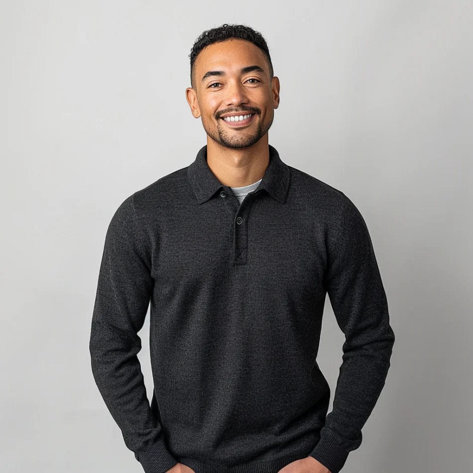 Maglione polo lavorato a maglia uomo, maniche lunghe, pullover casual