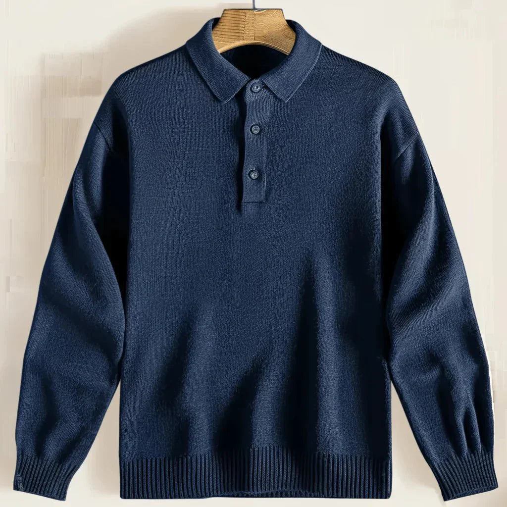 Maglione polo lavorato a maglia uomo, maniche lunghe, pullover casual