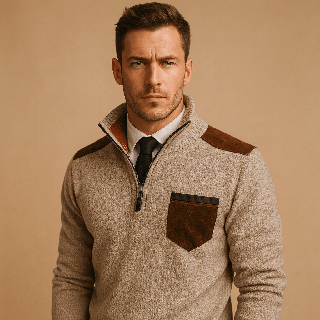 Pullover Herren, Halb-Reißverschluss, Kragen, Brusttasche