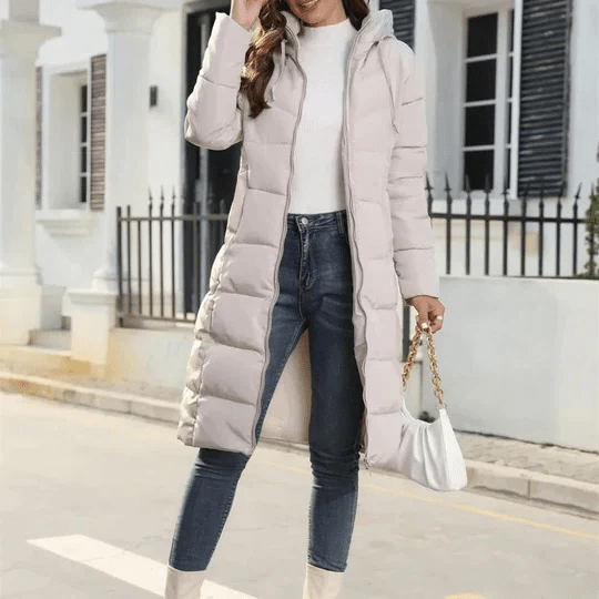 Giacca trapuntata da donna calda con cappuccio, cappotto lungo