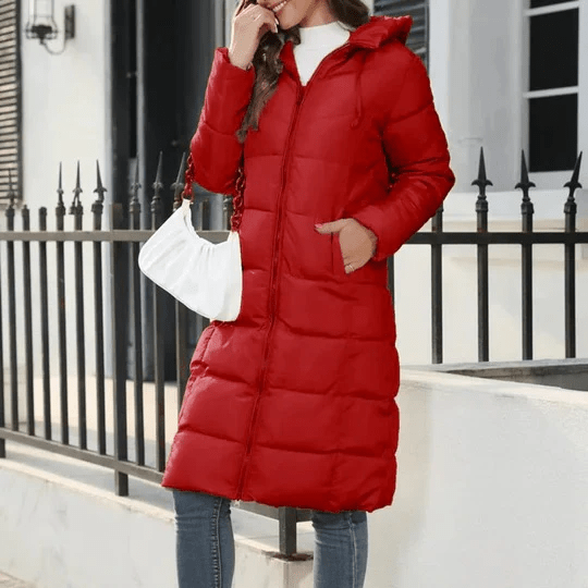 Giacca trapuntata da donna calda con cappuccio, cappotto lungo