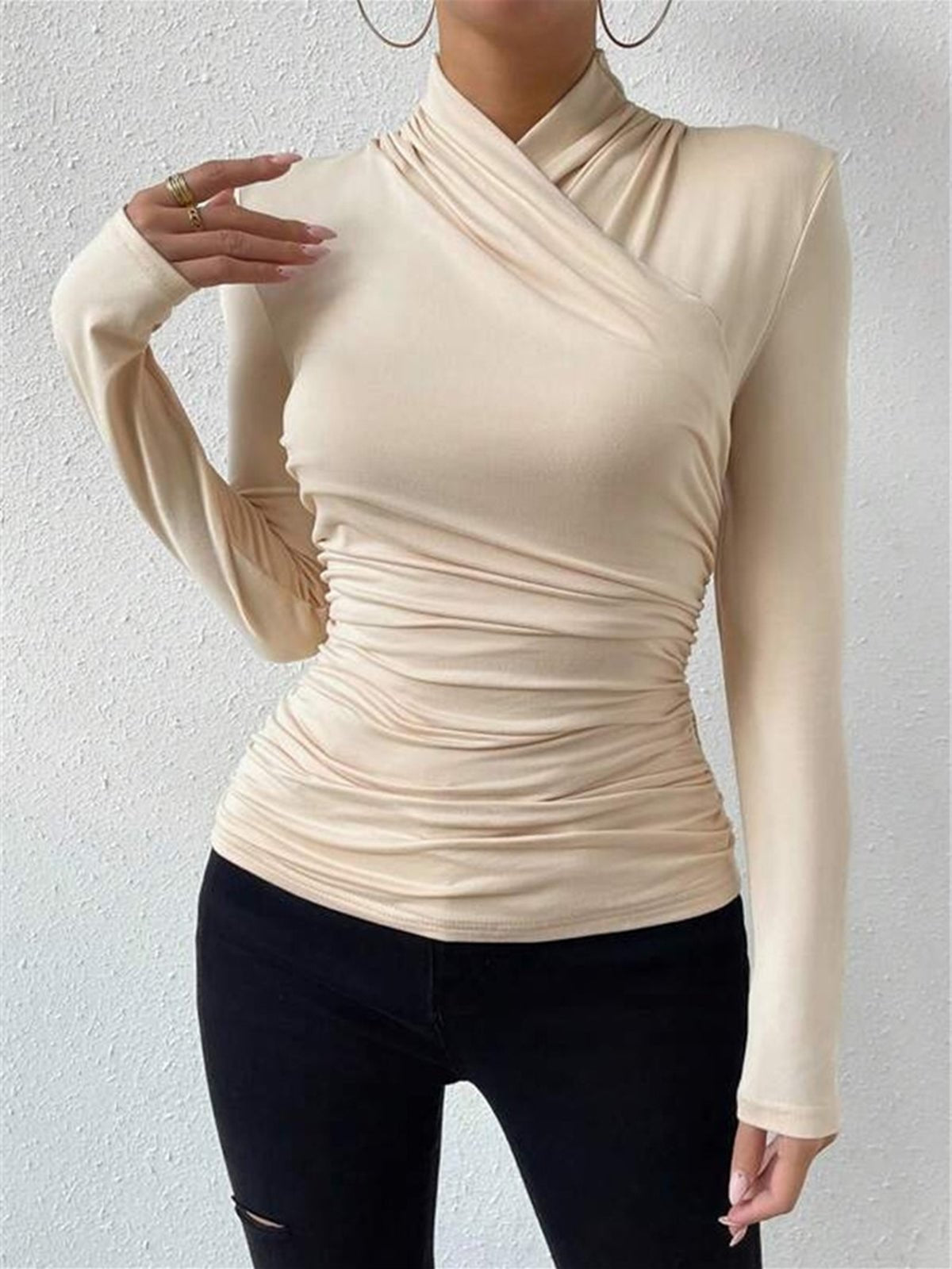 Damen-Top Slim Fit, langärmlig, überkreuztes Vorderteil  