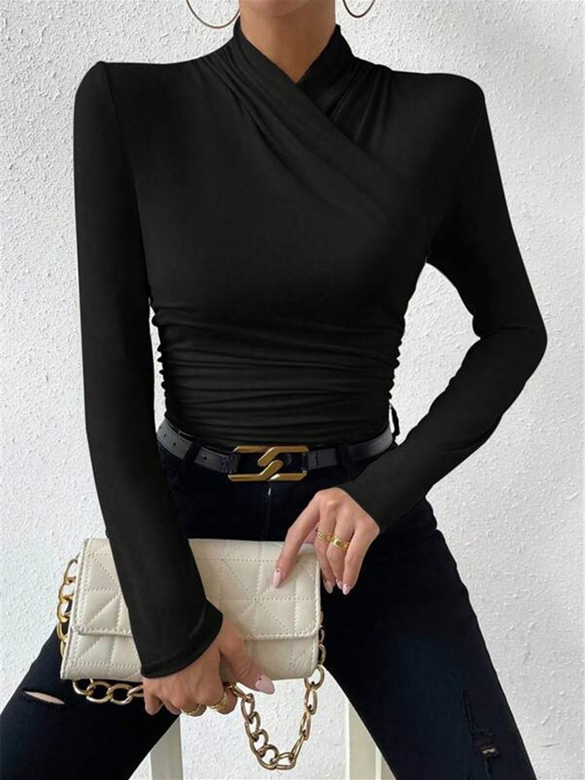 Damen-Top Slim Fit, langärmlig, überkreuztes Vorderteil  