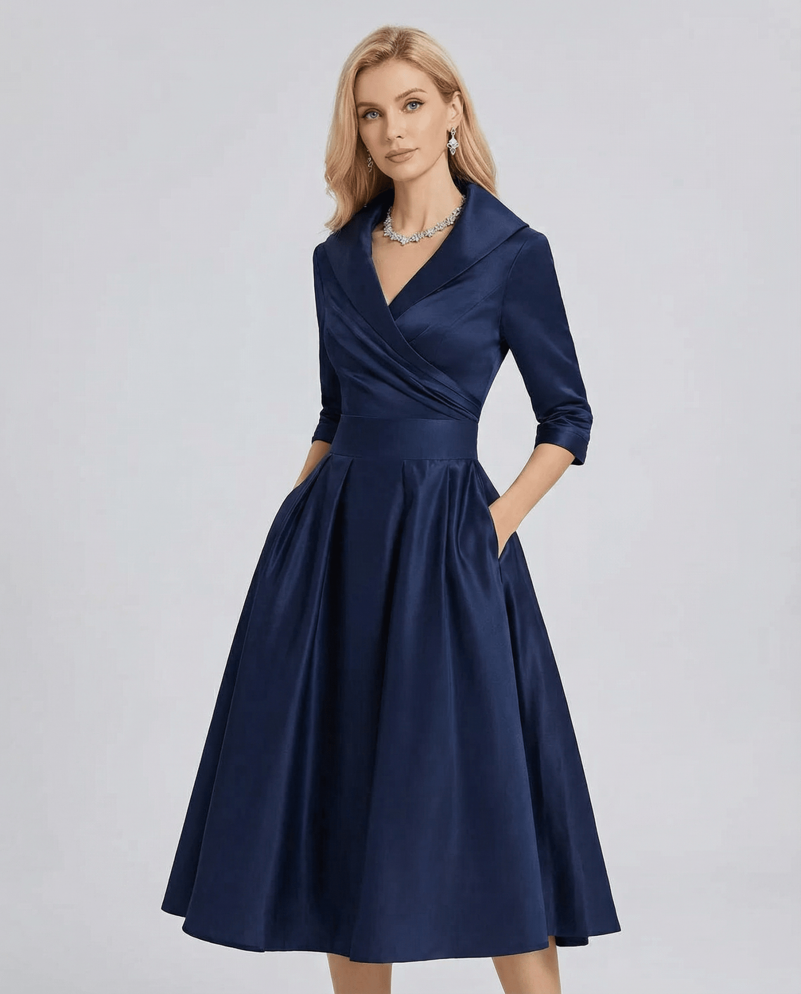 Robe femme en A — Encolure à revers, taille plissée croisée