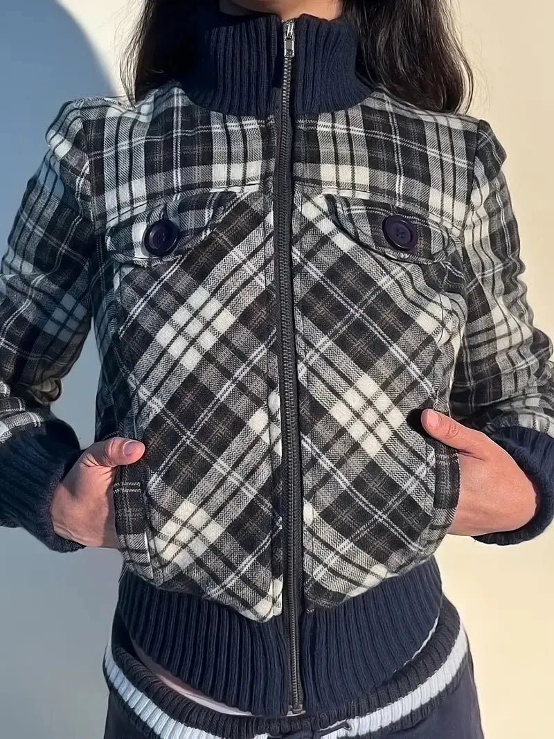 Damen-Kurzjacke — Kariertes Muster, hoher Kragen, elastische Bündchen  