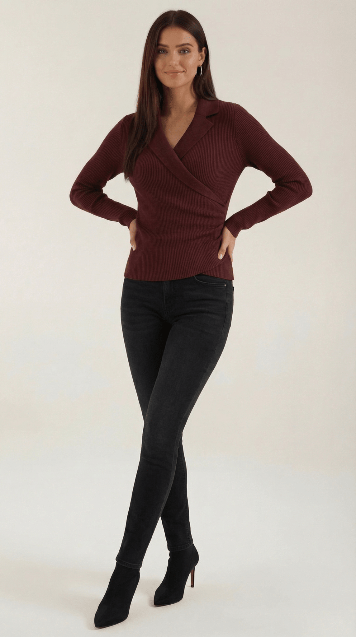 Damen-Pullover — Eng anliegend, Wickelkragen-Design