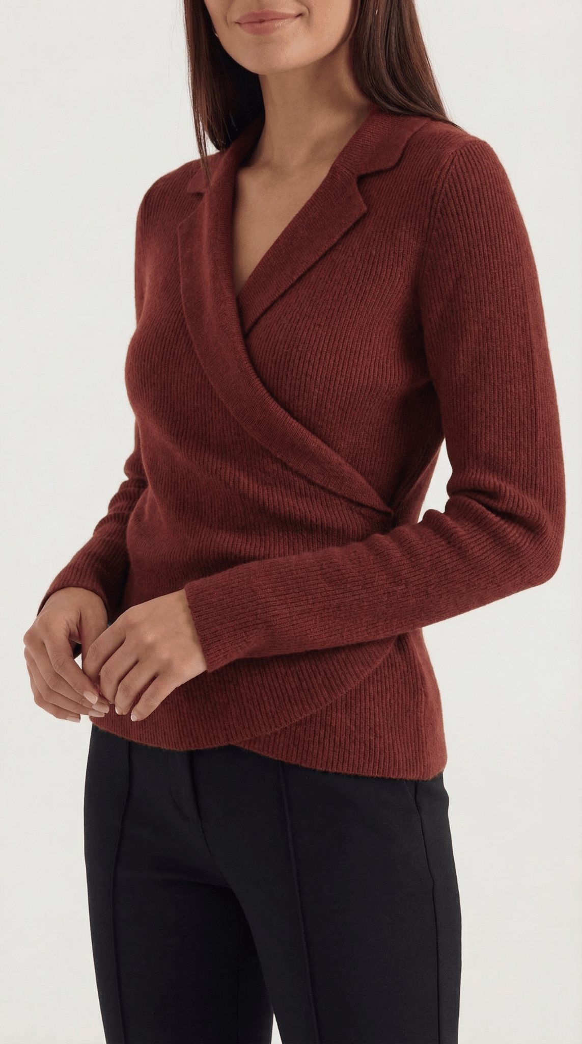 Damen-Pullover — Eng anliegend, Wickelkragen-Design