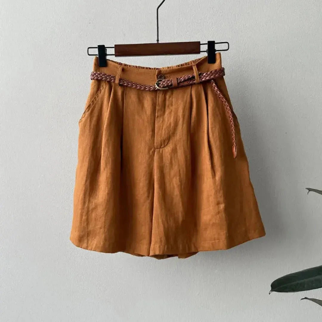 Shorts plisados de lino de mujer de cintura alta — Cintura elástica