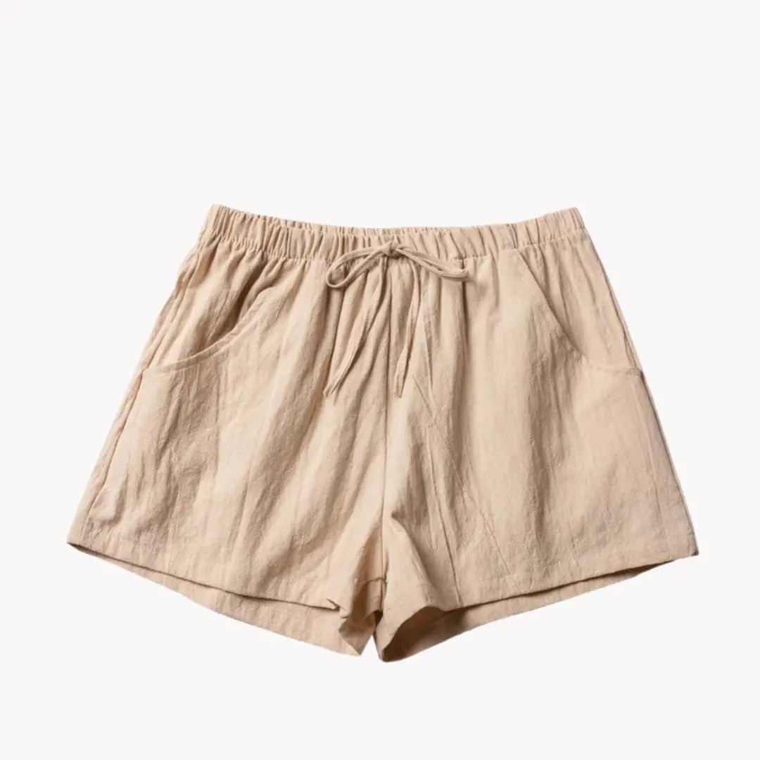 Shorts de lino de mujer de cintura alta — Cierre con cordón, ajuste relajado