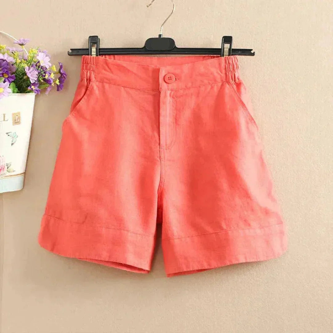 Shorts in lino donna a vestibilità ampia — Lunghezza media, chiusura con bottoni