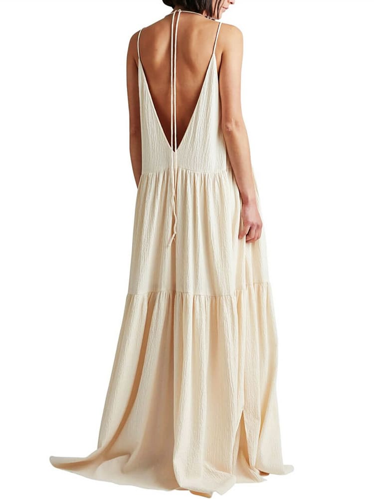 Vestido Maxi Feminino — Design com Alças Ajustáveis Plissadas em Camadas