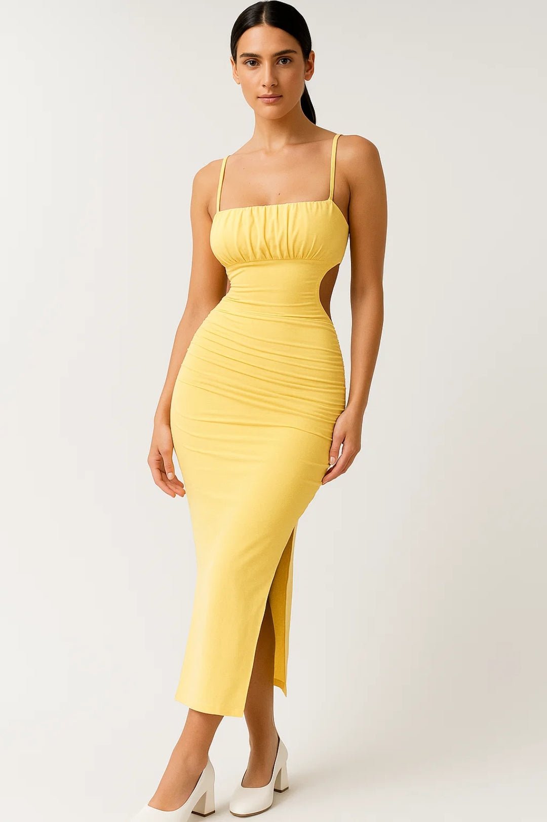Midikleid für Damen — Eng anliegender Schnitt, Träger mit Falten-Detail