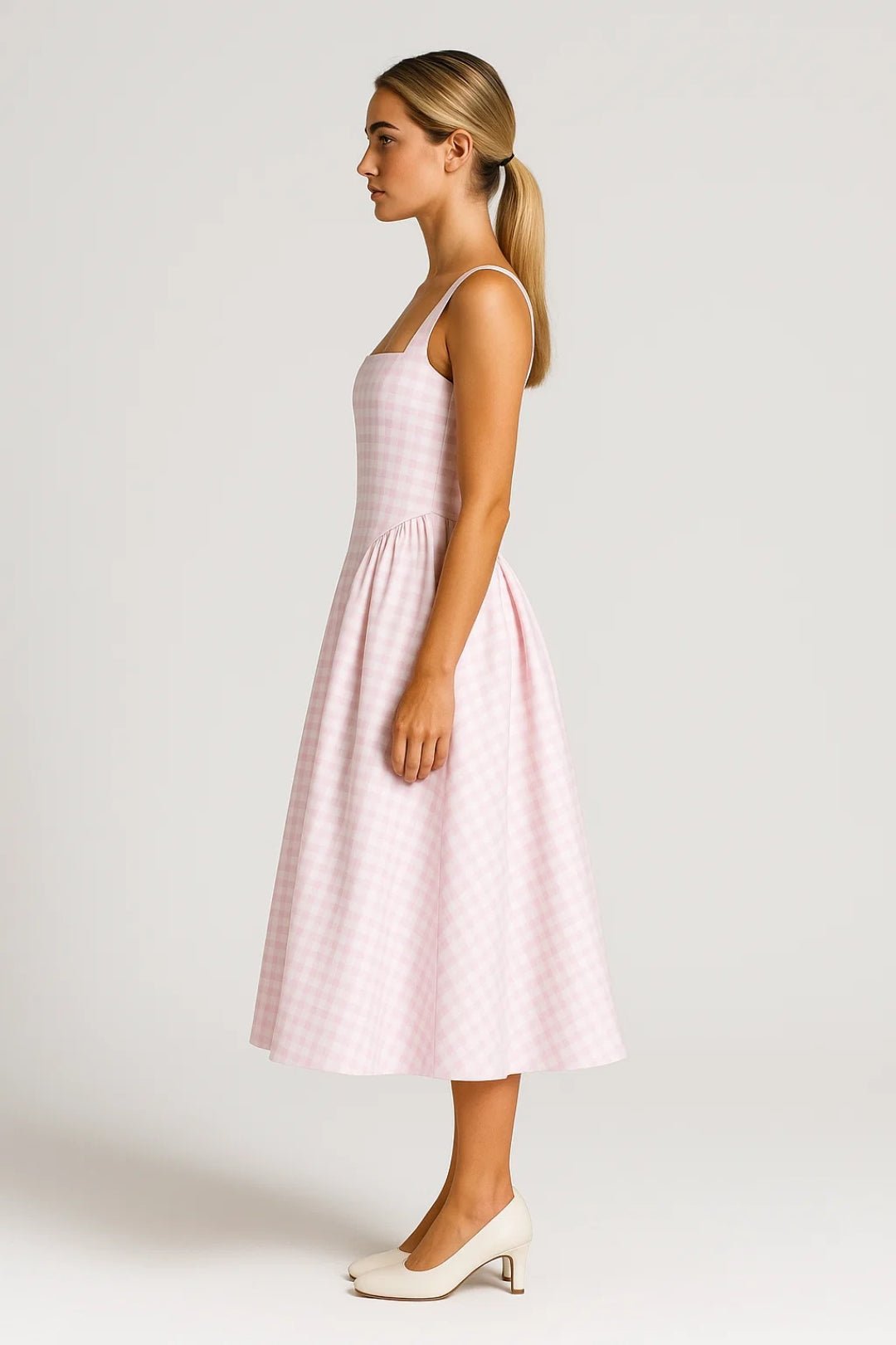 Robe midi pour femme — Imprimé à carreaux, bretelles spaghetti, jupe évasée