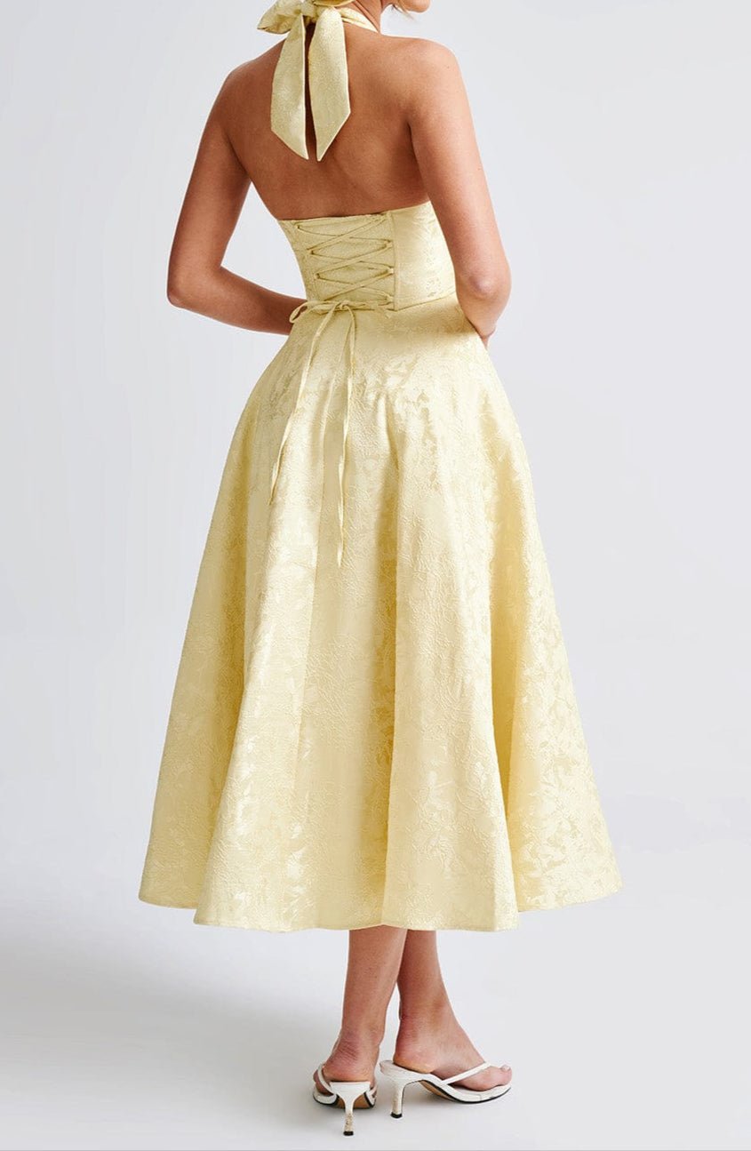 Vestido midi para mujer — Cuello halter con escote pronunciado y detalle floral jacquard