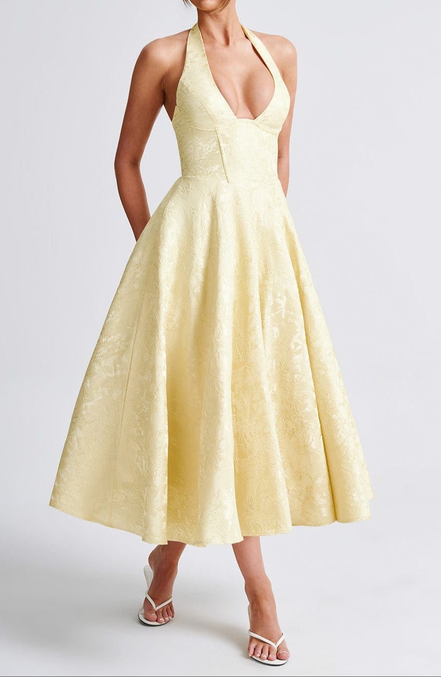 Vestido midi para mujer — Cuello halter con escote pronunciado y detalle floral jacquard
