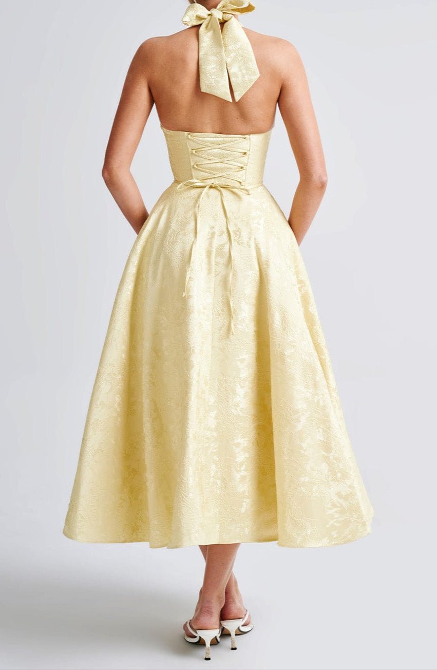 Vestido midi para mujer — Cuello halter con escote pronunciado y detalle floral jacquard