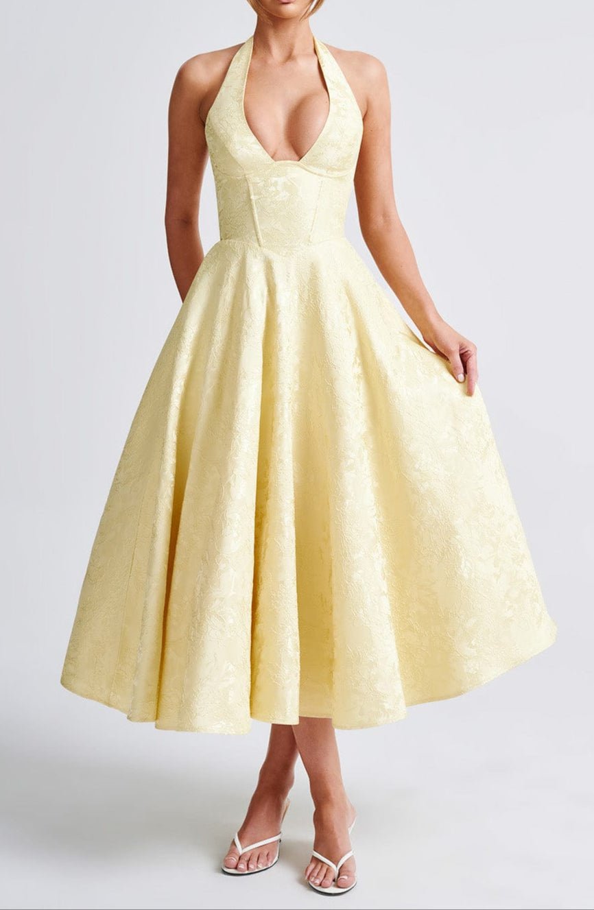 Vestido midi para mujer — Cuello halter con escote pronunciado y detalle floral jacquard